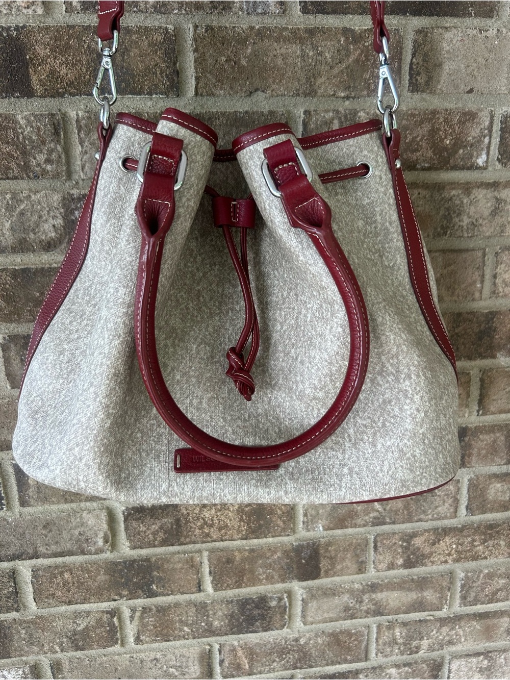 Wilsons Leather Canvas & Burgundy Leather Bucket Bag Convertible Crossbody - Picture 2 of 8